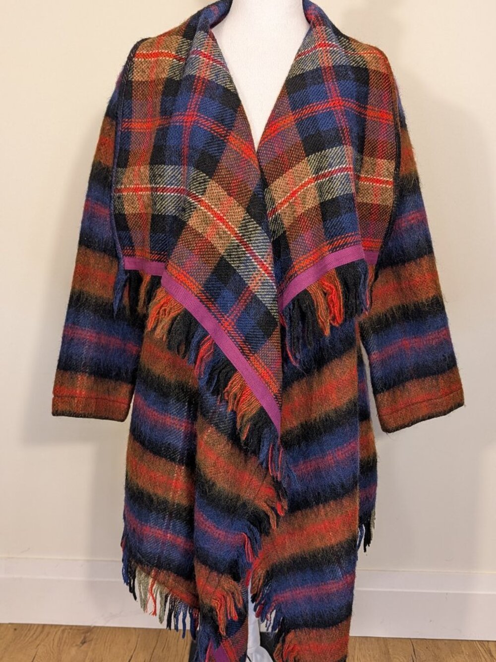 Anthropologie x Hei Hei Plaid Fringe Wool-Blend Blanket Coat | Sz M/L